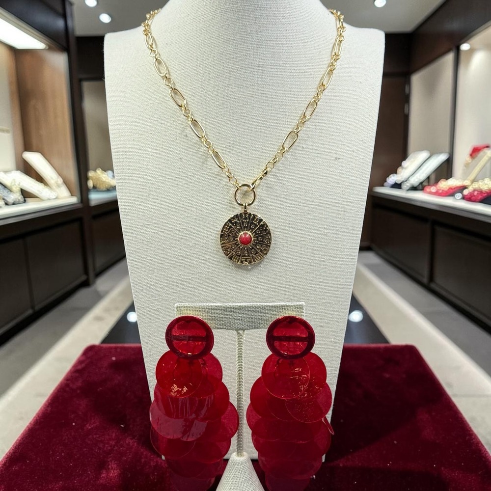 Gold Zodiac Medallion Necklace Red & Earrings Set 925 Sterling Posts Dangle Bold